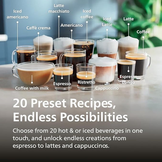 Espressomaschine der Serie 5500, LatteGo Milchsystem, integriertes Mahlwerk, 20 Voreinstellungen für Heiß- und Eiskaffee, Schnellstart, SilentBrew, 15 bar Druck, Black Chrome (EP5544/94)