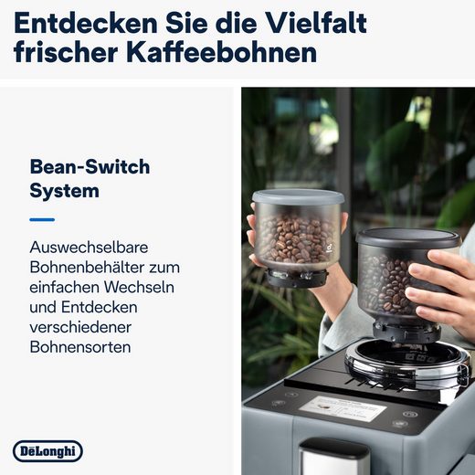DE'LONGHI Kaffeevollautomat Rivelia EXAM440.55.G – 16 Kaffee-Rezepte, 2 Barista-Bohnenbehälter, grau Extra-Shot-Funktion, Innovatives Bean-Switch System, Touchdisplay